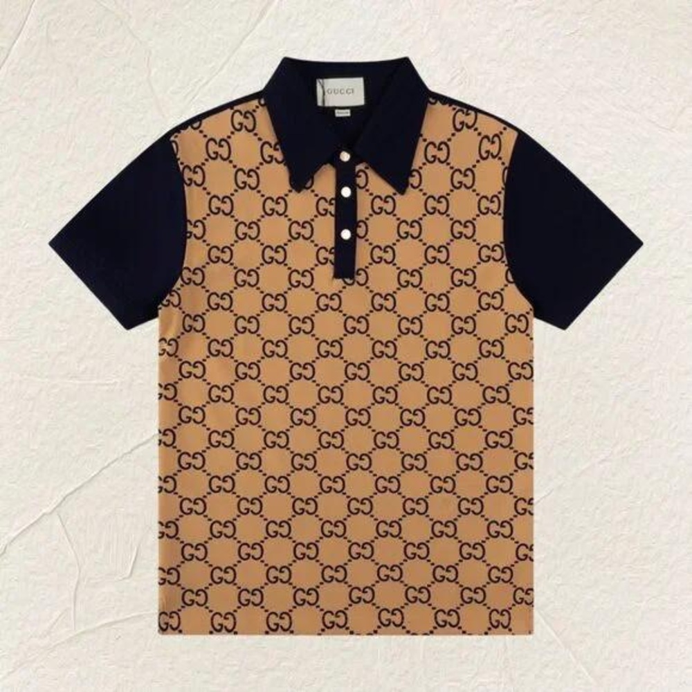 Gucci Monogram Print Polo Shirt (Tan/Navy)